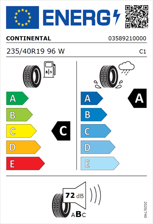 Tyre Label for Continental PremiumContact 6 CS 235/40R19 96W