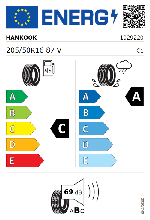 Tyre Label for Hankook Ventus Prime 4 (K135) 205/50R16 87V