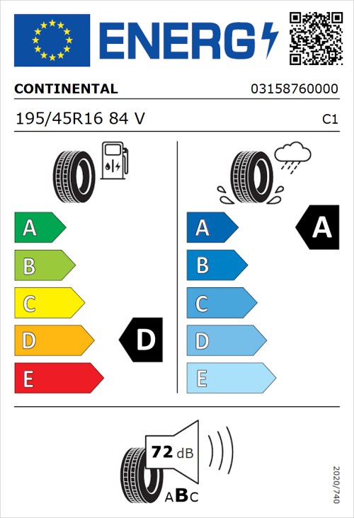 Tyre Label for Continental ContiEcoContact 5 195/45R16 84V