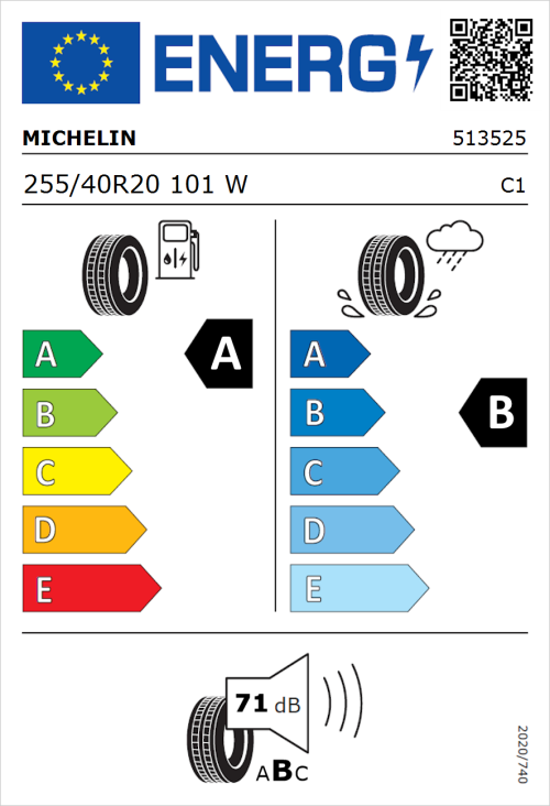 Tyre Label for Michelin Pilot Sport EV 255/40R20 101W