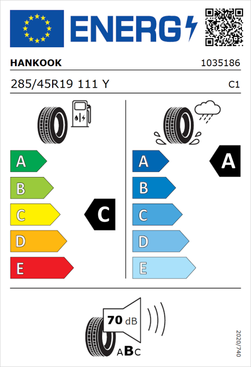 Tyre Label for Hankook Ventus Evo (K137A) 285/45R19 111Y