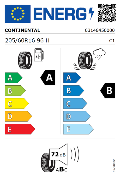 Tyre Label for Continental EcoContact 6 205/60R16 96H